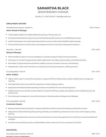 Senior Research Manager Resume