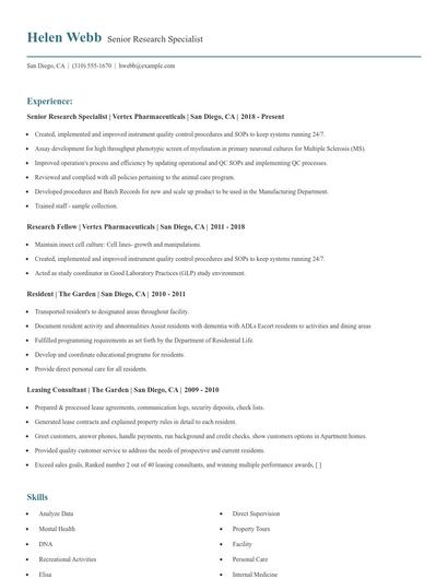 Senior Research Specialist Resume