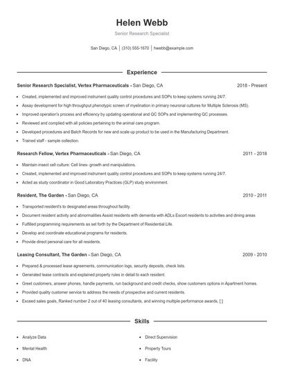 Senior Research Specialist Resume