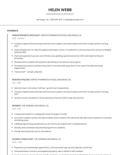 Senior Research Specialist Resume