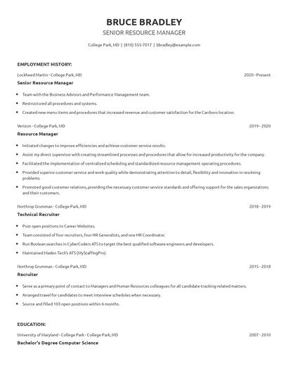 Senior Resource Manager Resume
