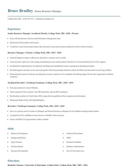 Senior Resource Manager Resume