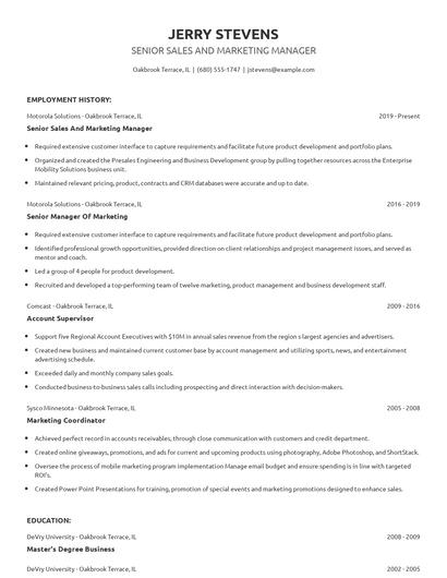 Senior Sales And Marketing Manager Resume