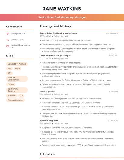 Senior Sales And Marketing Manager Resume