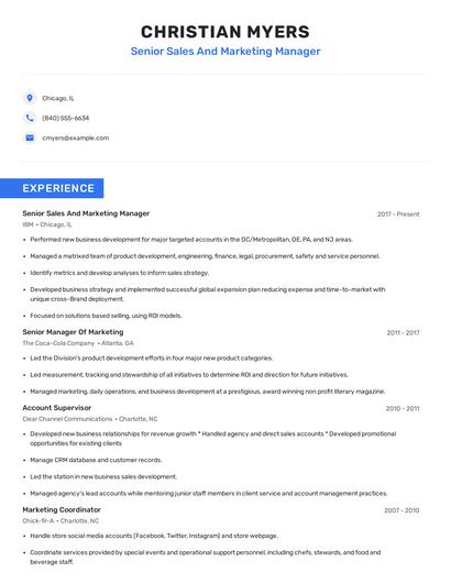 Senior Sales And Marketing Manager Resume