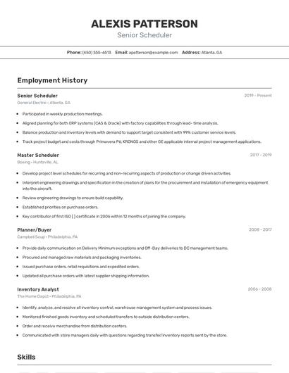 Senior Scheduler Resume