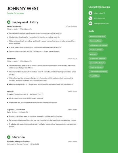 Senior Scheduler Resume