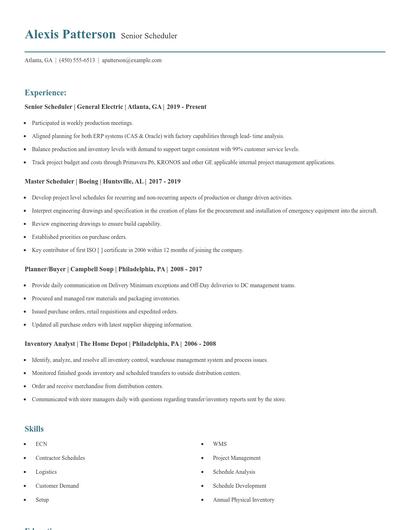 Senior Scheduler Resume