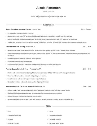 Senior Scheduler Resume