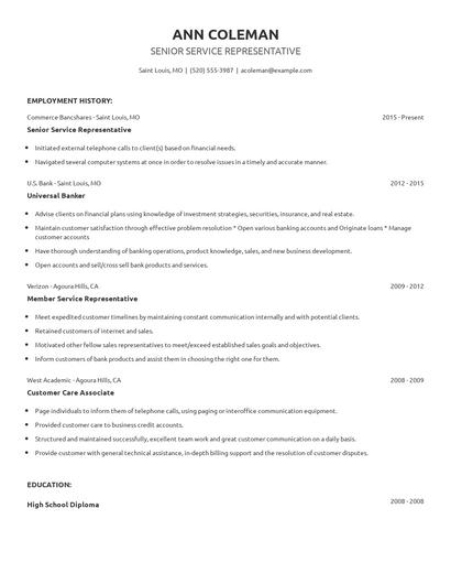 Senior Service Representative Resume