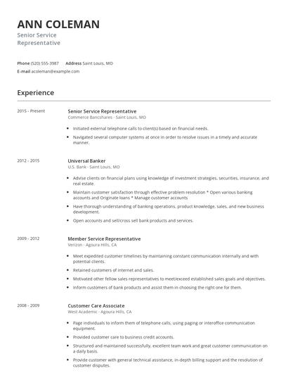 Senior Service Representative Resume