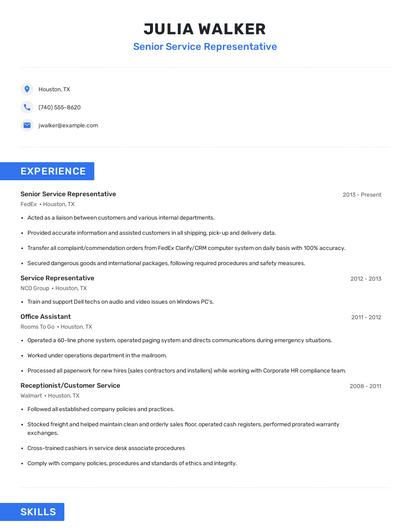 Senior Service Representative Resume