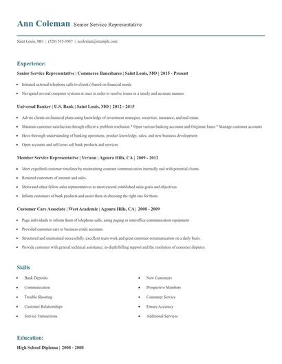 Senior Service Representative Resume
