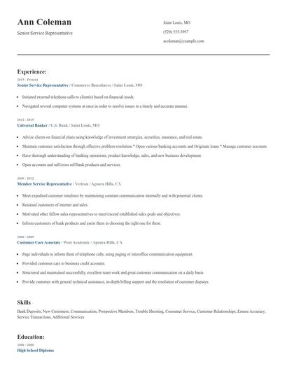 Senior Service Representative Resume