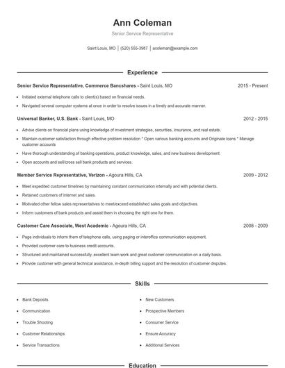 Senior Service Representative Resume