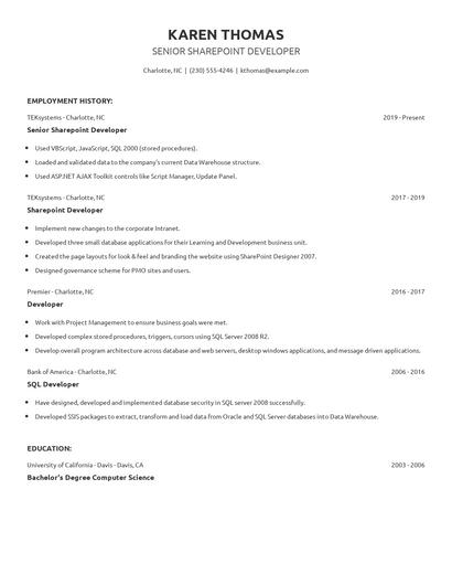 Senior Sharepoint Developer Resume