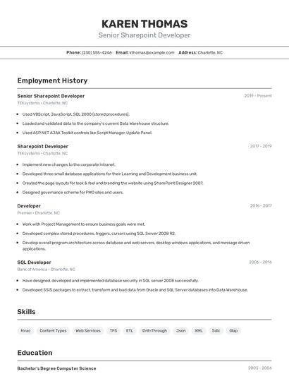 Senior Sharepoint Developer Resume