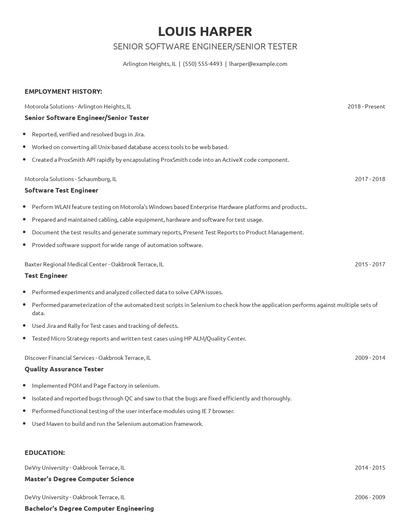 Senior Software Engineer/Senior Tester Resume