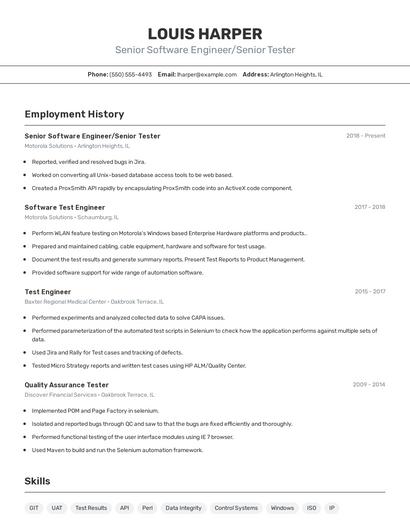 Senior Software Engineer/Senior Tester Resume