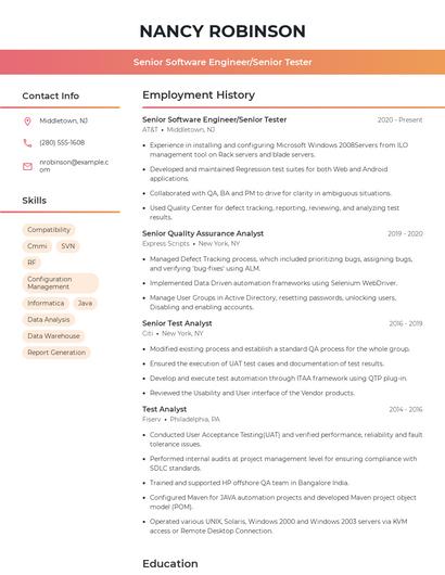 Senior Software Engineer/Senior Tester Resume