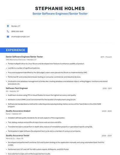 Senior Software Engineer/Senior Tester Resume
