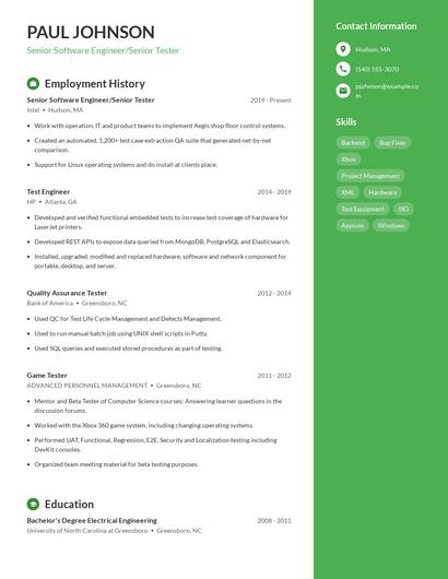 Senior Software Engineer/Senior Tester Resume