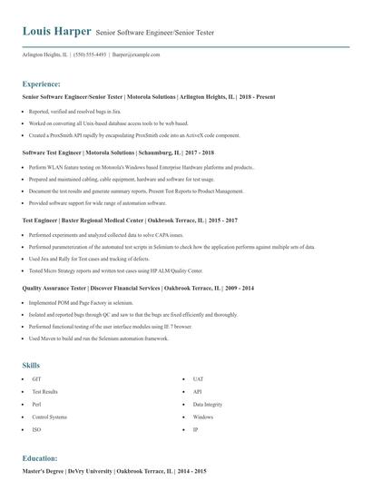 Senior Software Engineer/Senior Tester Resume