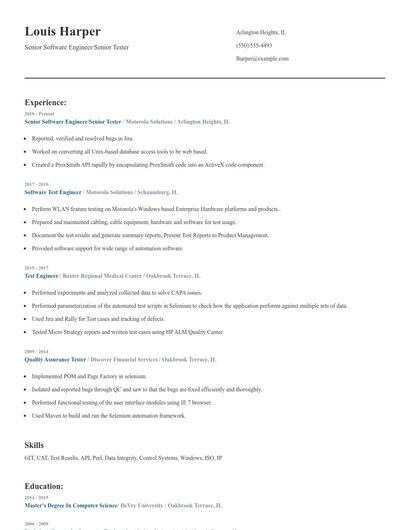 Senior Software Engineer/Senior Tester Resume