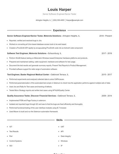 Senior Software Engineer/Senior Tester Resume
