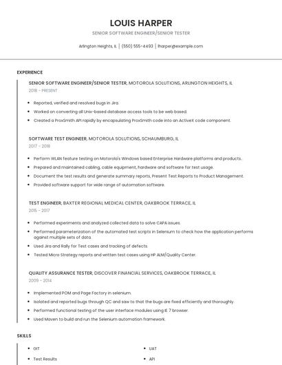 Senior Software Engineer/Senior Tester Resume