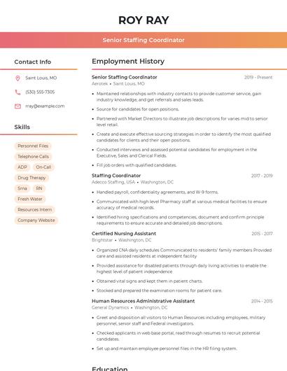 Senior Staffing Coordinator Resume
