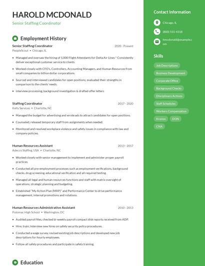 Senior Staffing Coordinator Resume