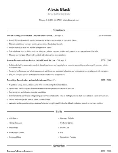 Senior Staffing Coordinator Resume