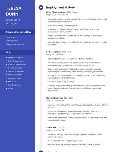 Senior Store Manager Resume