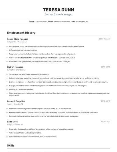 Senior Store Manager Resume