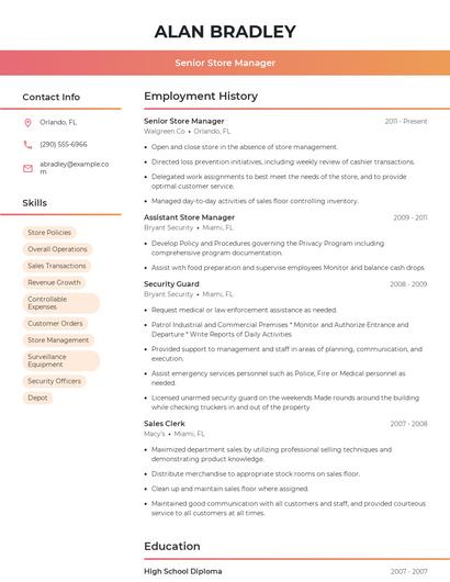Senior Store Manager Resume