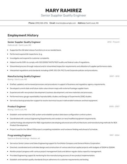 Senior Supplier Quality Engineer Resume