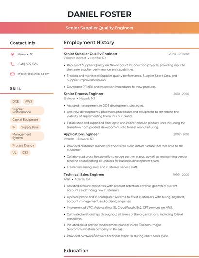 Senior Supplier Quality Engineer Resume
