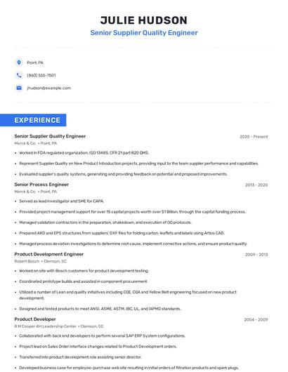 Senior Supplier Quality Engineer Resume