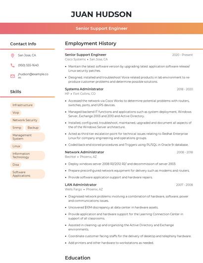 Senior Support Engineer Resume