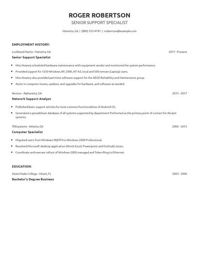 Senior Support Specialist Resume