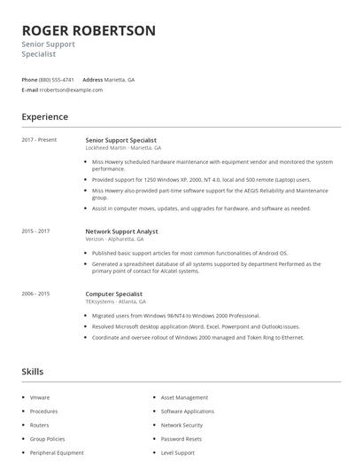 Senior Support Specialist Resume