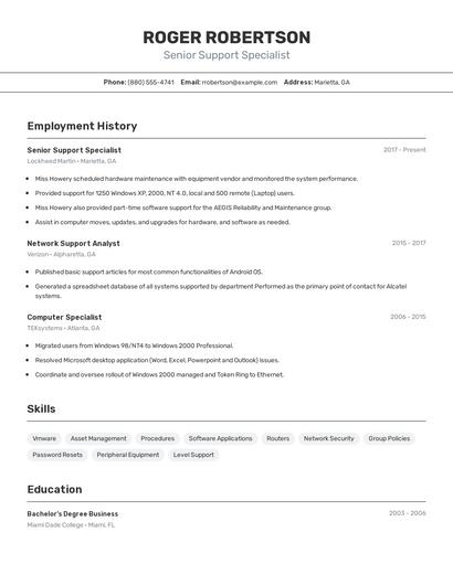 Senior Support Specialist Resume