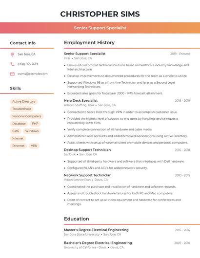 Senior Support Specialist Resume