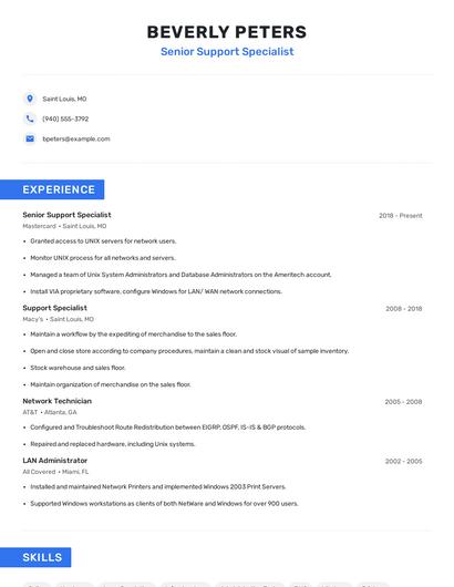 Senior Support Specialist Resume
