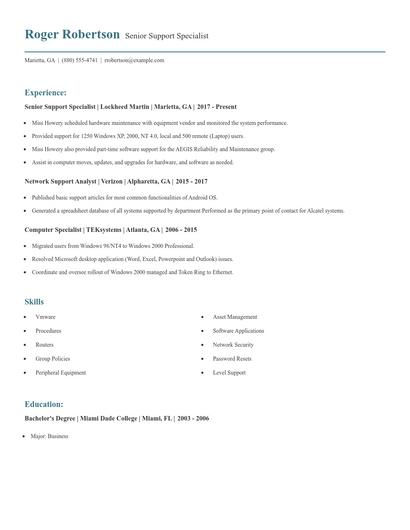 Senior Support Specialist Resume
