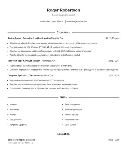 Senior Support Specialist Resume