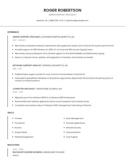Senior Support Specialist Resume