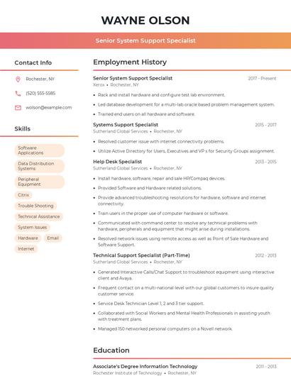 Senior System Support Specialist Resume