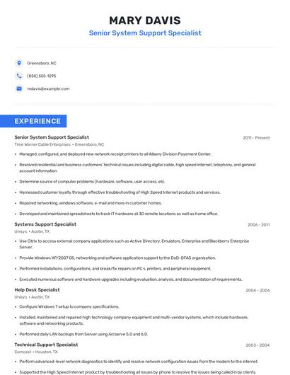 Senior System Support Specialist Resume